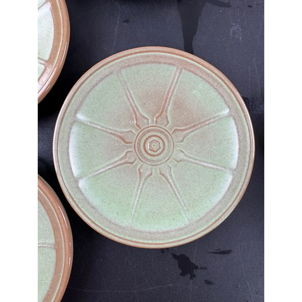Vtg Frankoma Appetizer Plates Set‎ of 7 Brown Green Wagon Wheel Sunburst 6.5